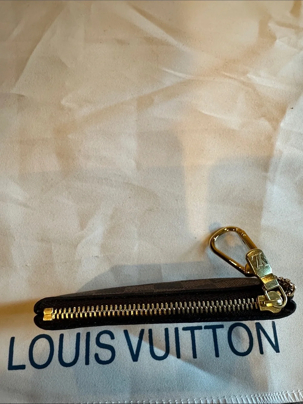 Louis Vuitton Brown Damier Ebene Key Coin Pouch with Gold Hardware Authentic